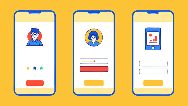 Three user friendly mobile app onboarding screens with flat user interface smartphone
