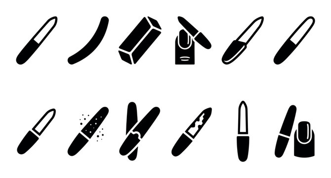 Collection of various black nail file and buffer icons on a clean white background, showcasing different shapes and uses
