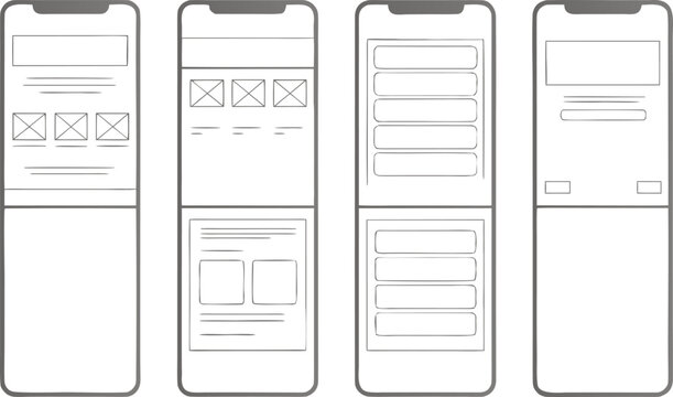 Black and white wireframe mobile app screens for fintech wallet interface smartphone
