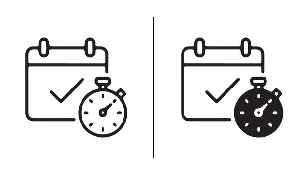 Calendar and Stopwatch Icons: Clean, minimalist vector icons depicting a calendar with a checkmark and a stopwatch, representing scheduling, deadlines, and time management in a clear, concise format.