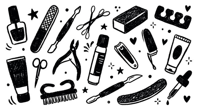 Various hand-drawn black and white manicure and pedicure tools are scattered across a clean white background, creating a playful beauty pattern