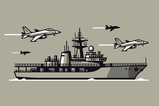 Large naval ship sailing on the water with several fighter jets flying overhead in a coordinated military operation or training exercise.