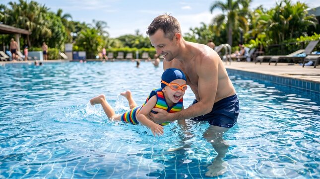 Father and Child Playing in a Sunny Swimming Pool with Colorful Float, Creating a Warm Family Holiday Moment