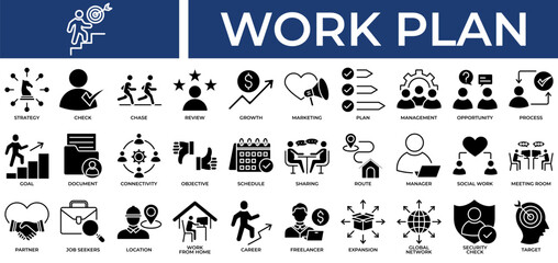 Naklejka premium Work Plan icon set collection. Containing partner, connectivity, review, sharing, inspection, opportunity, decision .Solid vector icons collection