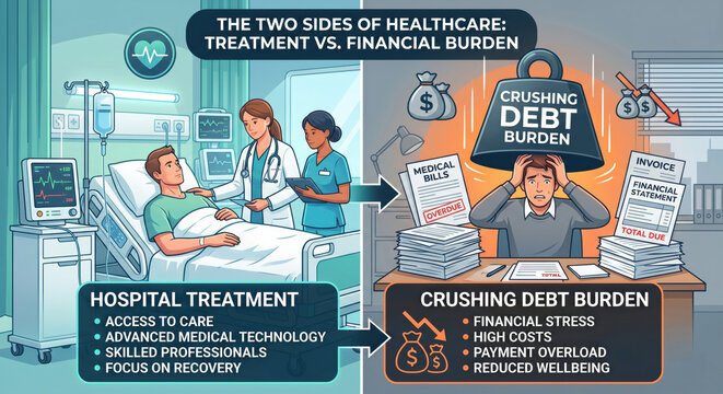 Split educational infographic titled The Two Sides of Healthcare Treatment vs Financial Burden showing hospital treatment benefits on left and crushing debt consequences on right.