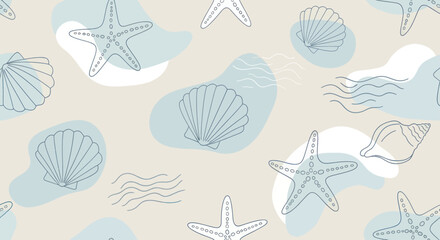 Seamless pattern of stylized seashells and starfish in soft blue and beige tones. © Rejeki