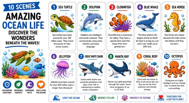 Amazing ocean life educational poster, 10 scenes of marine animals and sea creatures, colorful underwater wildlife flashcards for kids learning