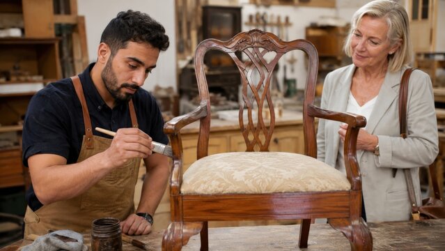Restaurateur vernissant une chaise ancienne avec cliente