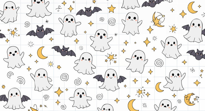 Cute Floating Ghosts Small Bats and Sparkling Magic Icons Arranged in an Organized Grid Like Seamless Pattern