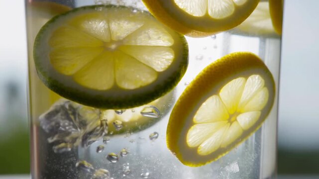 Fresh citrus drink with ice and floating lemon and lime slices in a clear glass