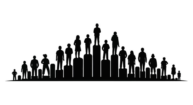 Silhouettes of diverse people standing on varying height pedestals forming a graph.