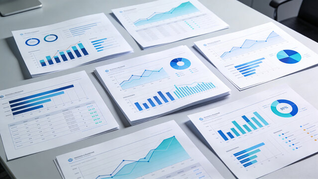 Image: Business Analytics Reports and Financial Performance Charts Spread Across Office Desk