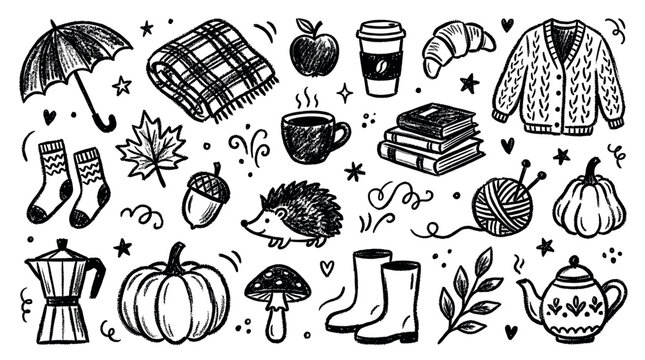 Hand-drawn black and white autumn elements including pumpkins, umbrella, coffee, and sweaters, creating a cozy fall season pattern