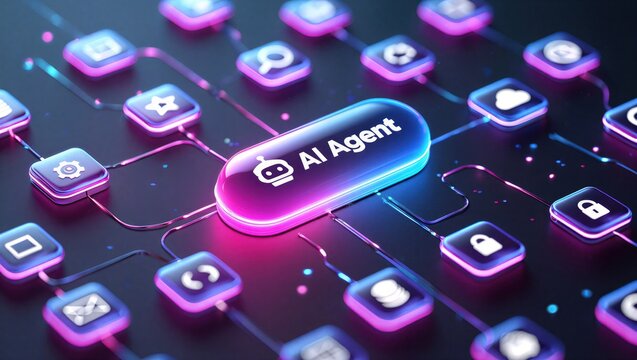 AI agentic workflow automation artificial intelligence agent software interface nodes triggers data tool dashboard coding icon flow process database technology 3d rendering.