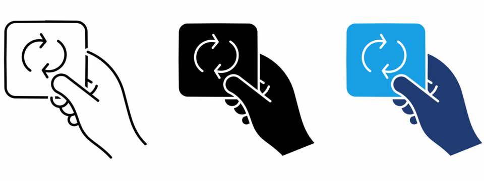 Hand holding contactless smart card icon collection.