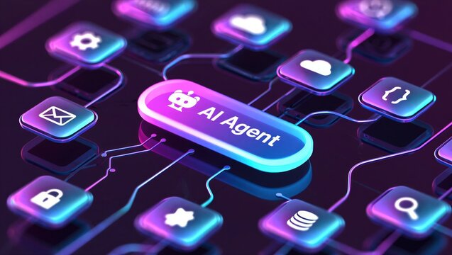 AI agentic workflow automation artificial intelligence agent software interface nodes triggers data tool dashboard coding icon flow process database technology 3d rendering.