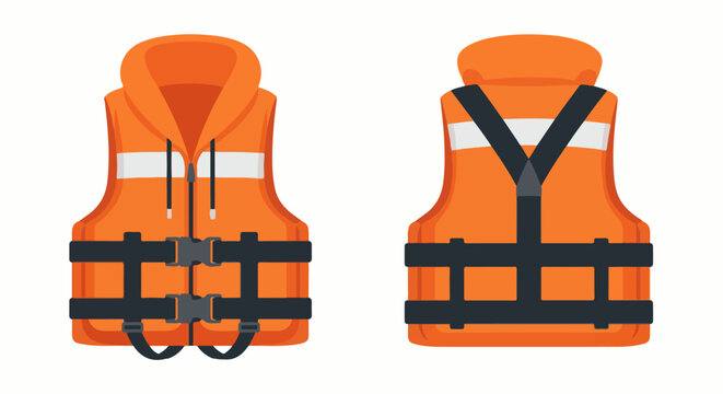 Front and back view of an orange safety vest with black straps