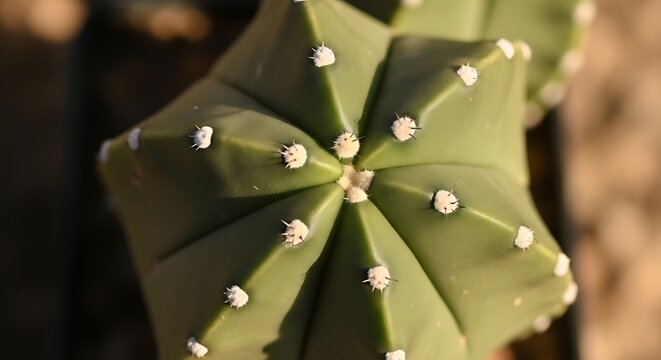 Green Geometric Cactus with White Areoles in Warm Sunlit Garden Closeup