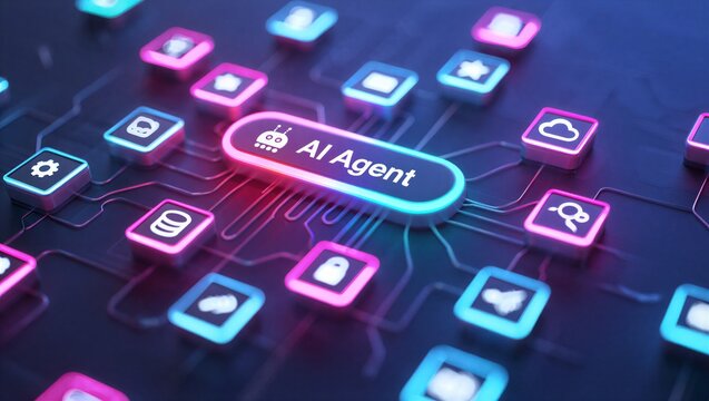AI agentic workflow automation artificial intelligence agent software interface nodes triggers data tool dashboard coding icon flow process database technology 3d rendering.