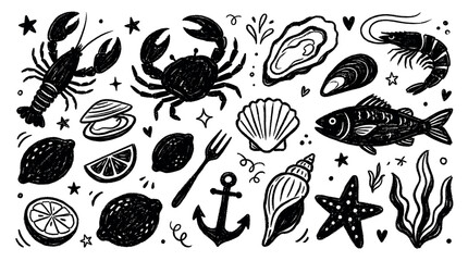 Fototapeta premium Various hand-drawn black seafood and marine elements, including lobster, crab, fish, and shells, scattered on a clean white background