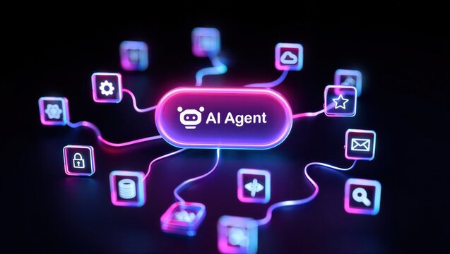 AI agentic workflow automation artificial intelligence agent software interface nodes triggers data tool dashboard coding icon flow process database technology 3d rendering.