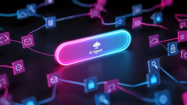 AI agentic workflow automation artificial intelligence agent software interface nodes triggers data tool dashboard coding icon flow process database technology 3d rendering.