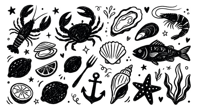 Various hand-drawn black seafood and marine elements, including lobster, crab, fish, and shells, scattered on a clean white background