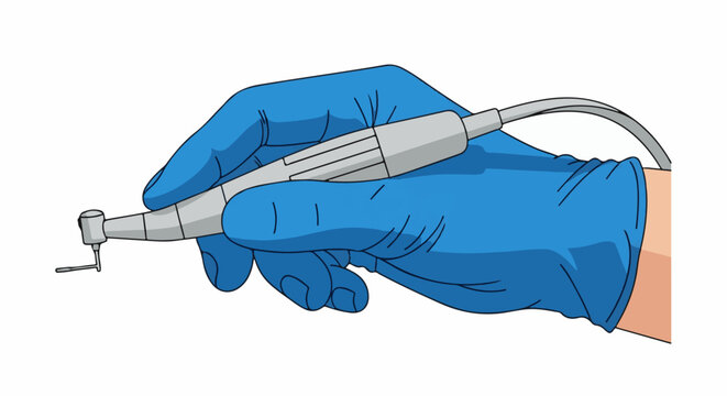 Blue gloved hand holding a dental drill with a white background