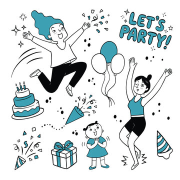 Hand-Drawn Illustration of Joyful People Celebrating at a Party with Cake and Balloons