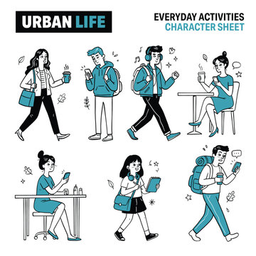 Urban Life Everyday Activities Character Sheet Illustration Set