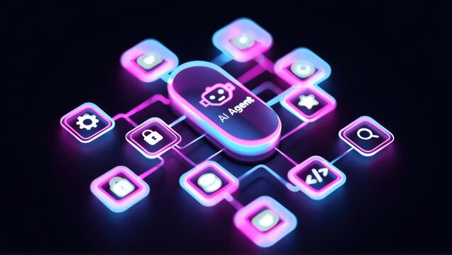 AI agentic workflow automation artificial intelligence agent software interface nodes triggers data tool dashboard coding icon flow process database technology 3d rendering.