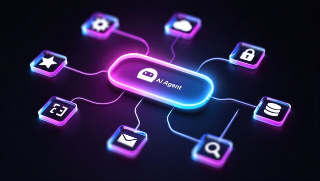 AI agentic workflow automation artificial intelligence agent software interface nodes triggers data tool dashboard coding icon flow process database technology 3d rendering.