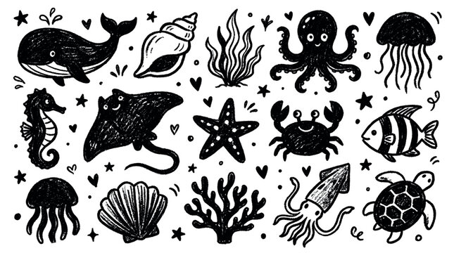 Cute hand-drawn black and white sea creatures and marine life elements in a playful doodle style on a clean background