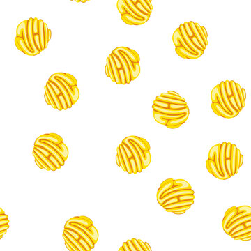 pattern mexican concha sweet bread with a yellow shell patterned sugar topping, representing traditional mexican bakery and a popular sweet breakfast or dessert item