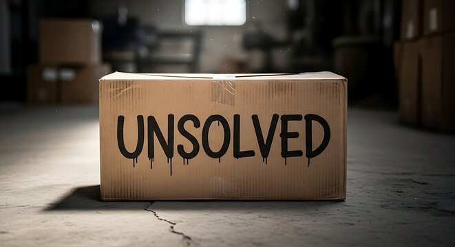 Cardboard Box Labeled Unsolved Sitting on Concrete Floor in Dim Warehouse