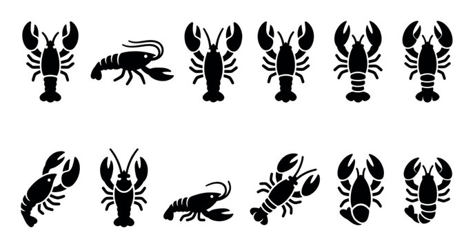 Various black silhouette lobster and crayfish icons are neatly arranged on a clean white background, showcasing different poses and styles