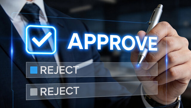 Business Approval Concept with Hand Holding Pen Selecting Approve Option on Virtual Interface with Digital Checklist and Reject Options in Corporate Decision Making