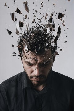 Man with shattered head exploding into glass shards. Conceptual representation of mental exhaustion, burnout, stress, anxiety and psychological pressure. Creative head explosion artwork