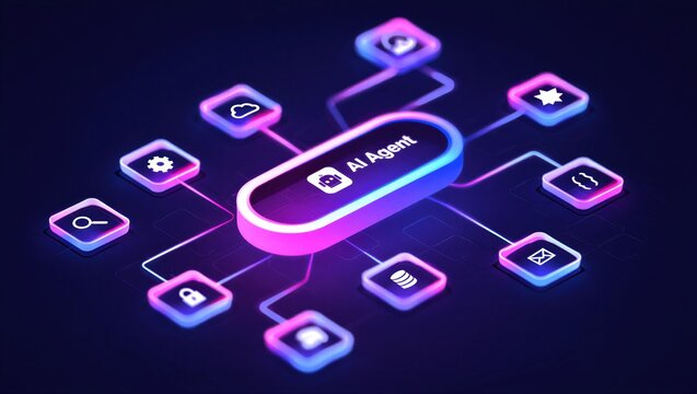 AI agentic workflow automation artificial intelligence agent software interface nodes triggers data tool dashboard coding icon flow process database technology 3d rendering.