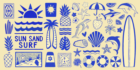 summer beach icons in blue monochrome vector style surfboard palm tree sun © Sanjit