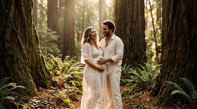 Couple sharing an intimate laugh among towering redwood trees at sunset.
