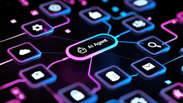 AI agentic workflow automation artificial intelligence agent software interface nodes triggers data tool dashboard coding icon flow process database technology 3d rendering.
