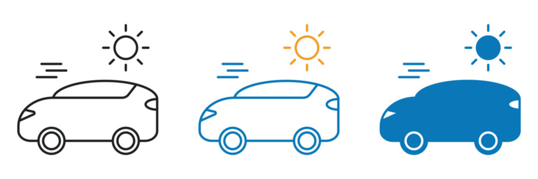 Solar Car Electric Vehicle Icon Set Line Flat Vector Illustration