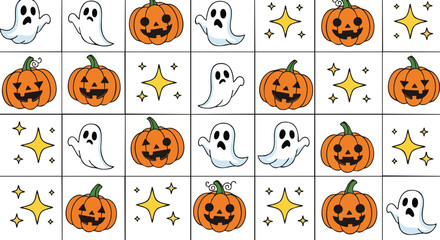 Fototapeta premium Halloween Seamless Pattern With Smiling Orange Pumpkins White Floating Ghosts and Twinkling Yellow Stars on White Background