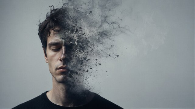 Man dissolving into smoke or dust. Concept of mental health, depression, loss, or fading memory. Conceptual surreal portrait of a male face disintegrating against a grey background