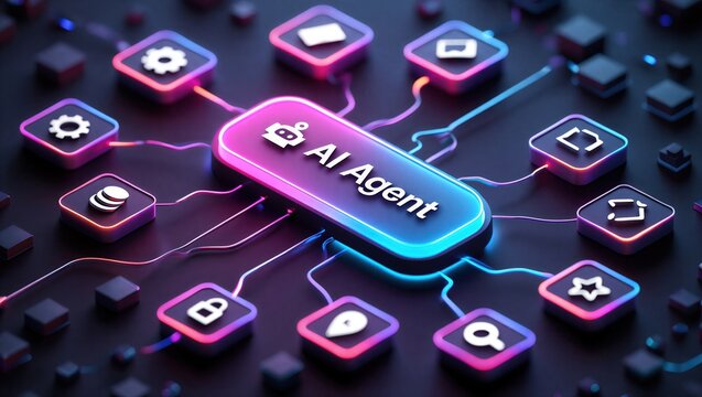 AI agentic workflow automation artificial intelligence agent software interface nodes triggers data tool dashboard coding icon flow process database technology 3d rendering.