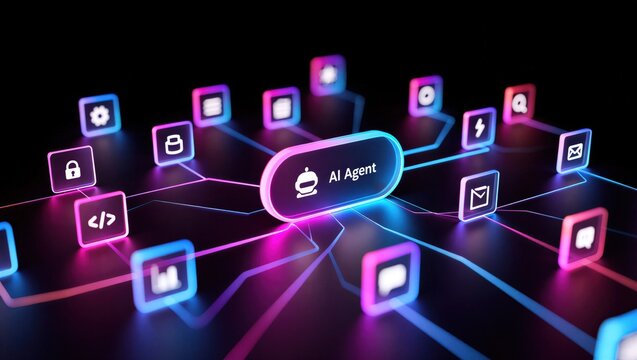 AI agentic workflow automation artificial intelligence agent software interface nodes triggers data tool dashboard coding icon flow process database technology 3d rendering.
