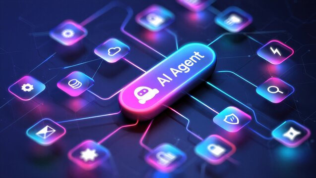 AI agentic workflow automation artificial intelligence agent software interface nodes triggers data tool dashboard coding icon flow process database technology 3d rendering.