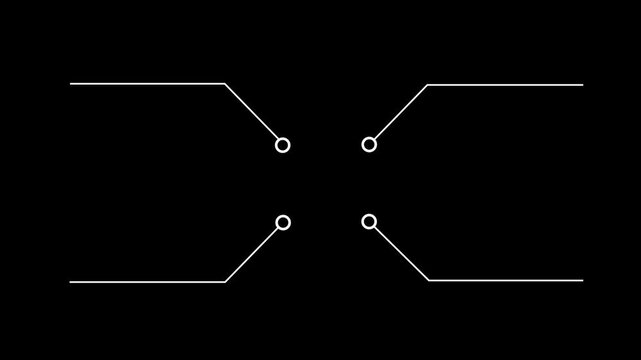 Four black lines with circles at ends arranged symmetrically on black background abstract connection 4k video...