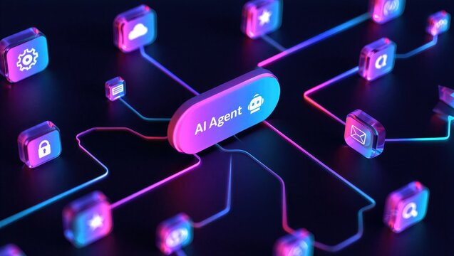 AI agentic workflow automation artificial intelligence agent software interface nodes triggers data tool dashboard coding icon flow process database technology 3d rendering.